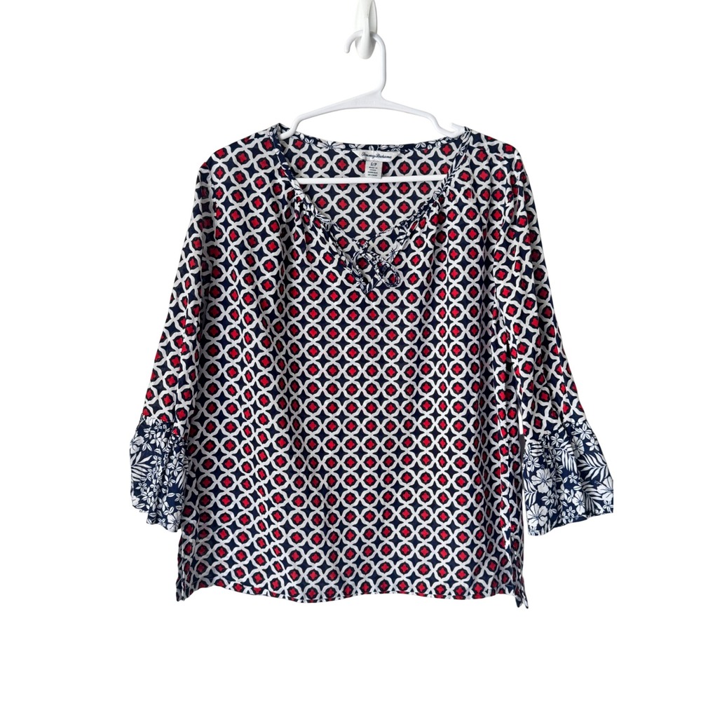Tommy Bahama Navy Red White Geometric Floral Bell Sleeve Cotton Blouse S P